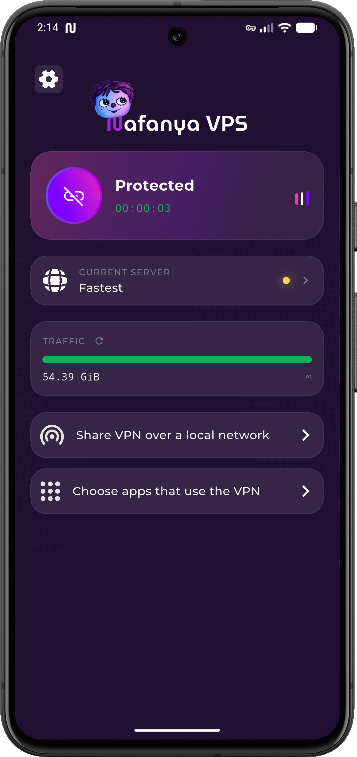 Главный экран приложения Nafanya VPS на Android
